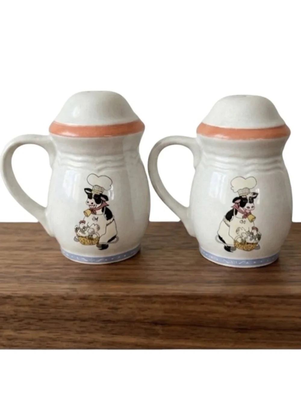 Vintage Cow Chef Salt Pepper Shakers White Mauve Pink & Blue 1880’s Collectible